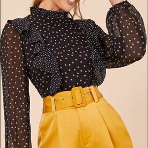 2/$25 Blue Blouse with Gold Polka Dots